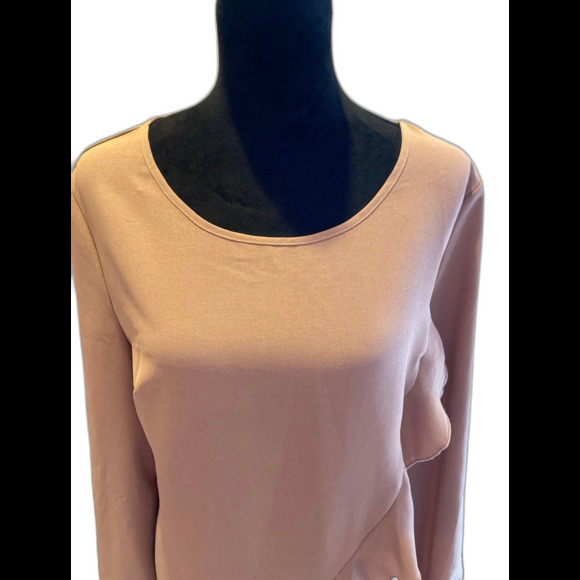 Shein Blouse Plus Size XL Tan Faux Wrap Style w/ Ruffle Hi Low Hem Travel Top - Picture 2 of 9